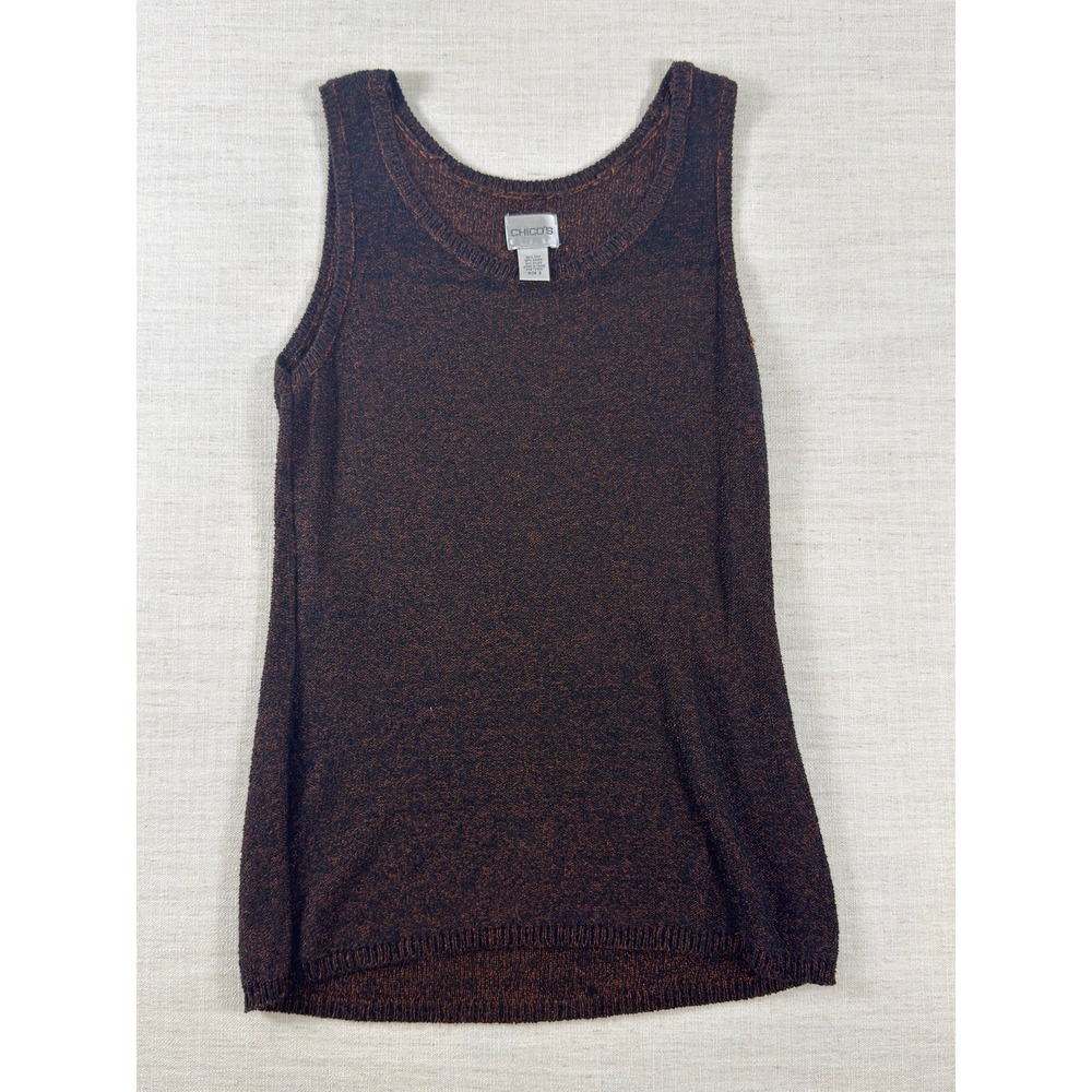 Chicos Silk Blend Knit Tank Top Copper Black Metallic Sleeveless Scoop Neck SZ 2